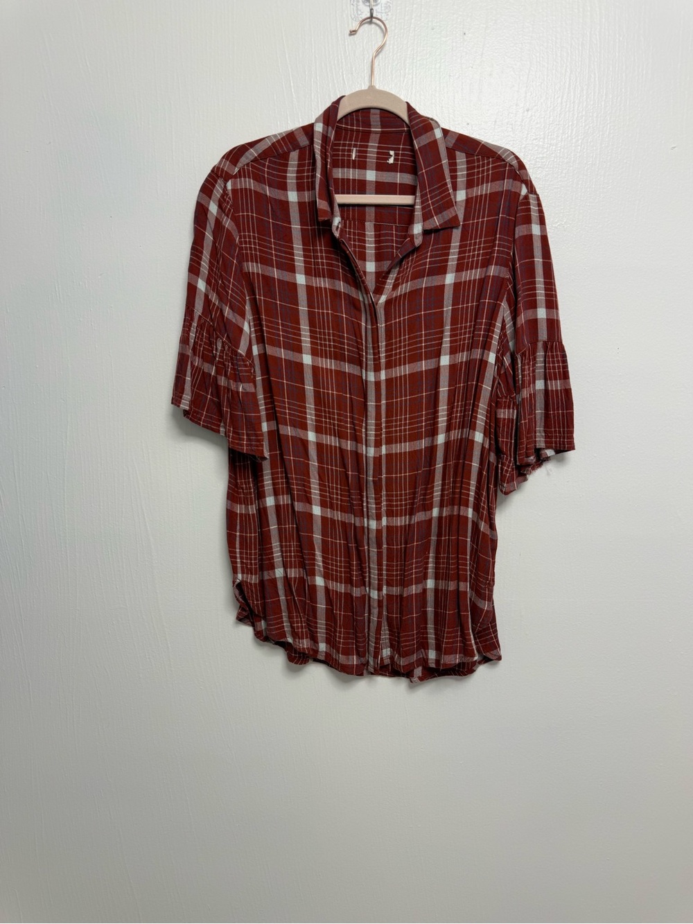 Plaid Ruffle Sleeve Button-Up Blouse – Rust / Blue / White - Picture 2 of 8